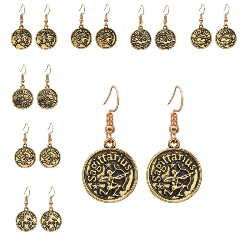 Винтажные золотые серьги 12 созвездий из сплава Aries Aquarius Libra Подвески Серьги для