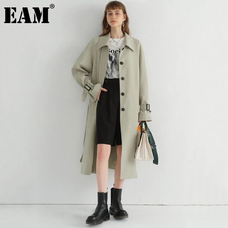 

[EAM] женский зеленый бандажный длинный Тренч большого размера, новая свободная ветровка с отворотом и длинным рукавом, модная весенне-осення...