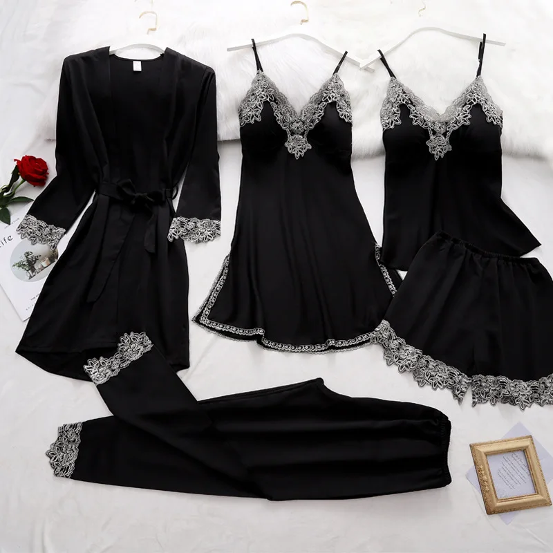 5PC Silk Robe Sleep Suit Womens Lace Satin Pajamas Gown Set V-Neck Cami Nighties Wear Pijama Home Nightwear Spring Nightdress | Женская