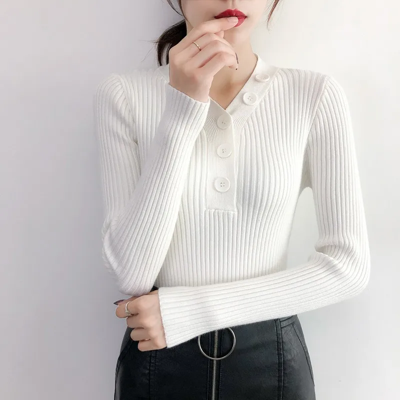 

BEFORW Fashion 2019 New Autumn Women Sweater Knitted Long Sleeve V-Neck Sexy Slim Office Lady Button Casual Sweaters Tops