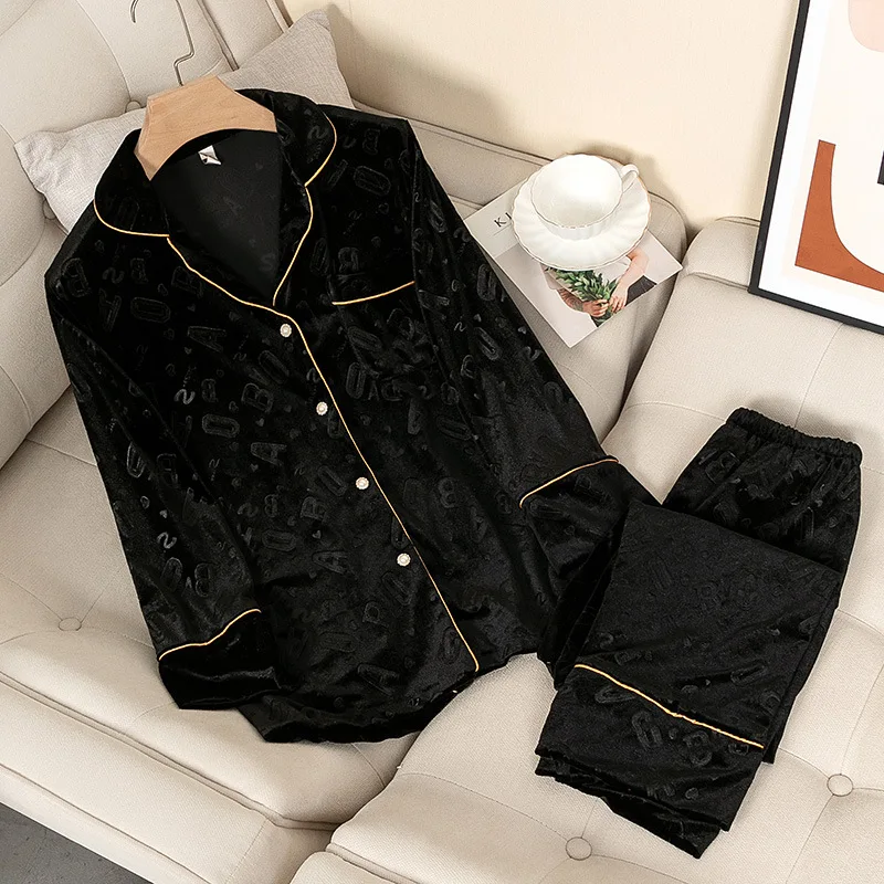 Pajamas For Women Velvet 2PCS Set Full Sleeve Shirt&pant Spring Autumn Letter Sleepwear Loose Nightwear Velour Sleep Set