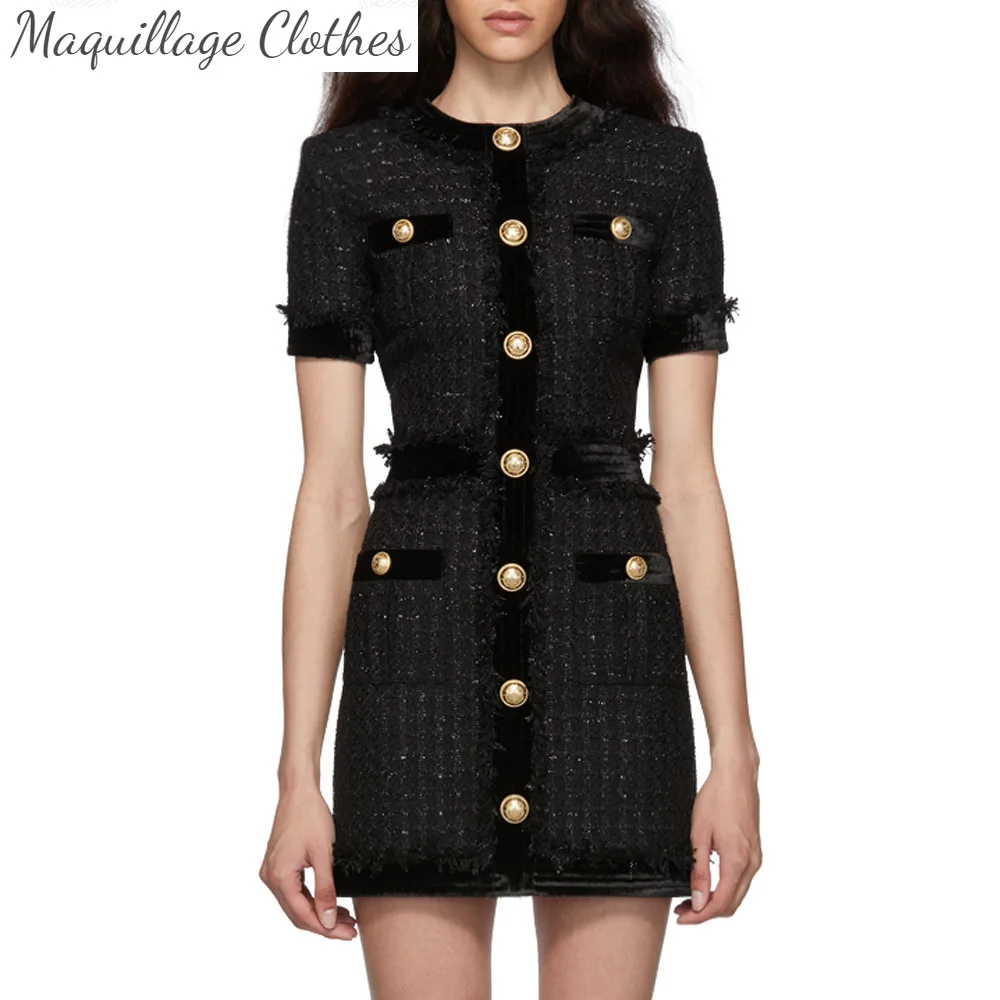 

Spring autumn Women's high quality short sleeves tweed dress Chic elegant slim fit dress for Lady B511