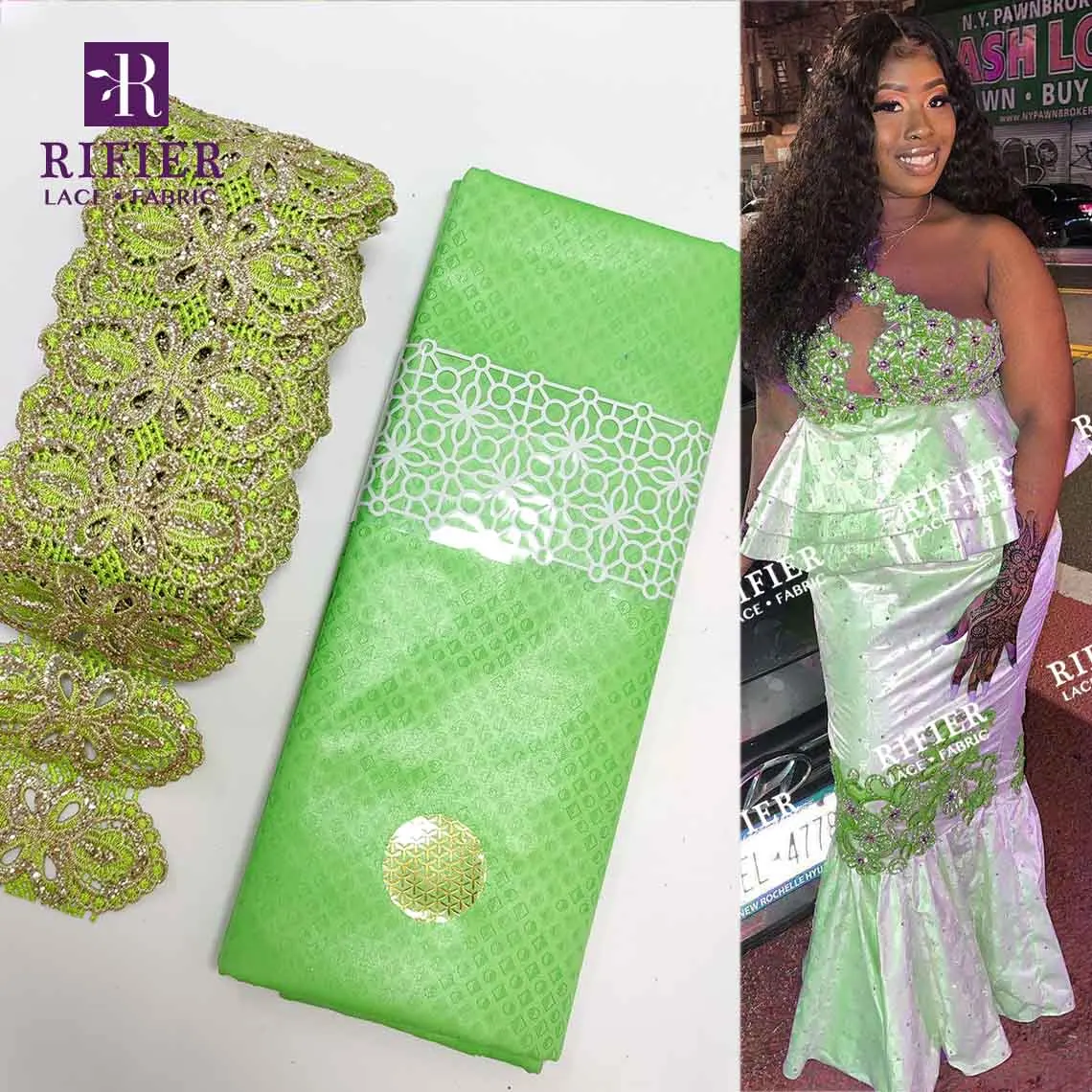 

5+5 Yards Green Bazin Riche Gextczer With Beads Ribbon For Crafts For 2021 French Women Wedding Dresses Rhinestones Lace Ribbon