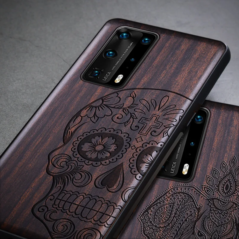 Черный Деревянный чехол для Huawei P40 Pro противоударный из натурального дерева