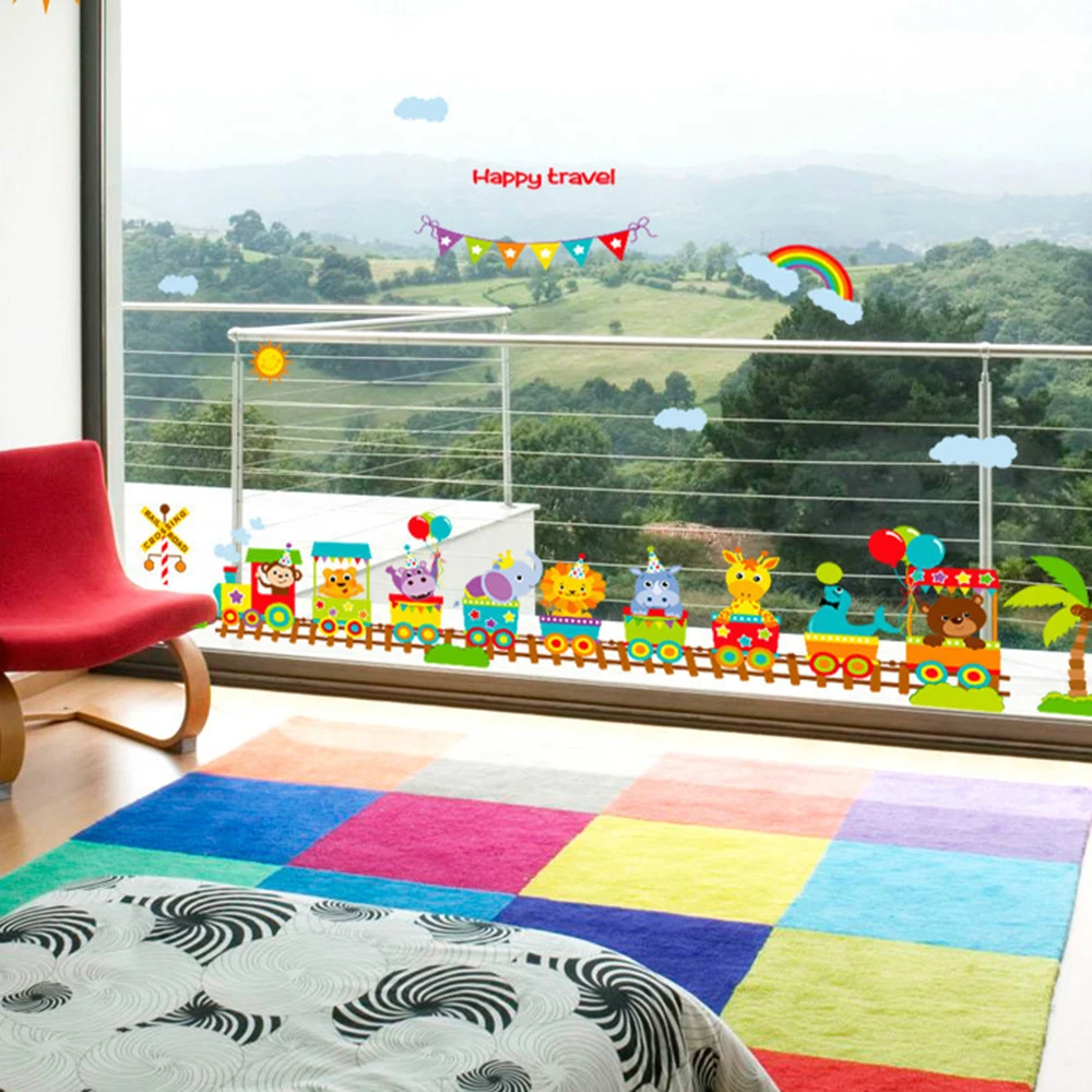 Новый мультяшный поезд для детской комнаты Животные олень настенные наклейки