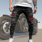 Мужские рваные узкие джинсы, облегающие брюки-карандаш с локомотивными дырками, байкерские джинсовые брюки на молнии в стиле хип-хоп, Мужская одежда для бега и улицы