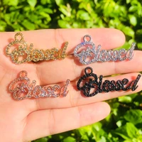 5pcs bling blessed word charm for women bracelet making clear crystal stone paved letter pendant girl necklace jewelry handcraft