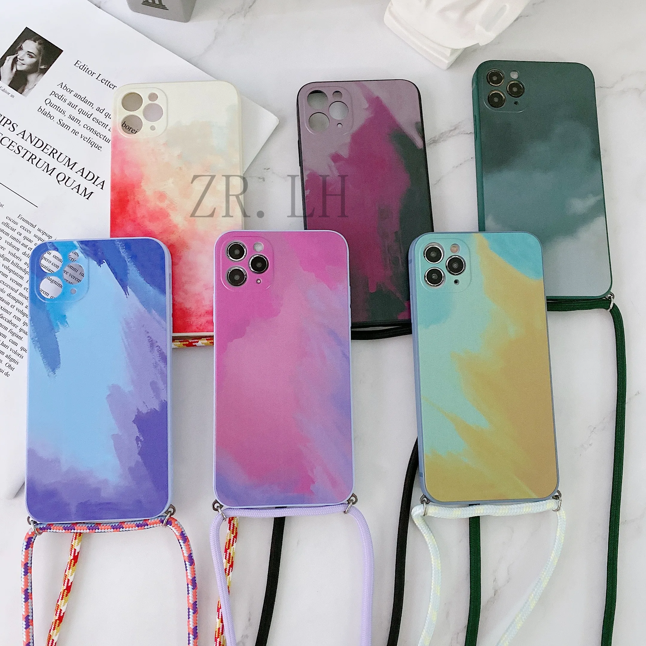 

Watercolor Strap Cord Chain Phone Case For iPhone 12 Pro Max MiNi 11Pro XS Max X XR 7 8 Plus SE 20 Carry Necklace Lanyard Cover