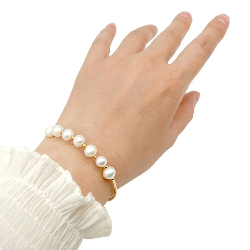 

24K Gold Filled Freshwater Cultured Pearl Twisted Cable Bangle Handmade Bracelet Jewelry for Women Popular Mature Decorate Girl