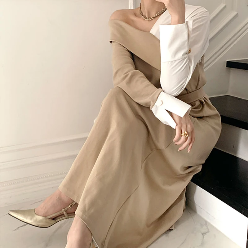 

2021 Women Dresses French Loose Belt Solid Patchwork Elegant Gentle Long Retro Female Spring Office Lady Vestidos