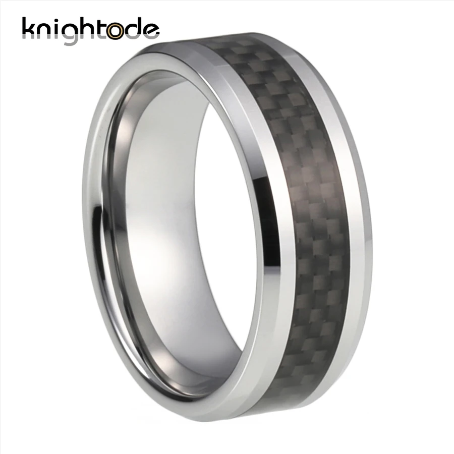 

8mm Men Tungsten Carbide Wedding Engagement Ring With Black Carbon Fiber Inlay Silvery Bevel Edges Polished Surface Comfort Fit