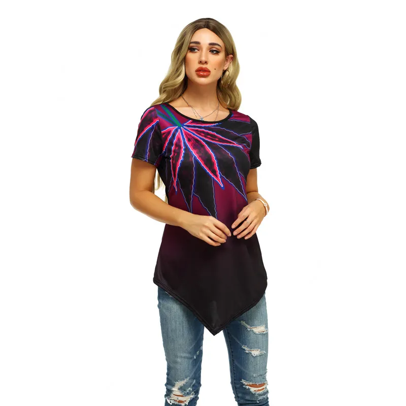 Leaf Print Irregular Hem Women's Short T-Shirts New Summer Tees Large Sizes 5XL Ladies Top Shirt Sleeve 3D Tshirts | Женская одежда