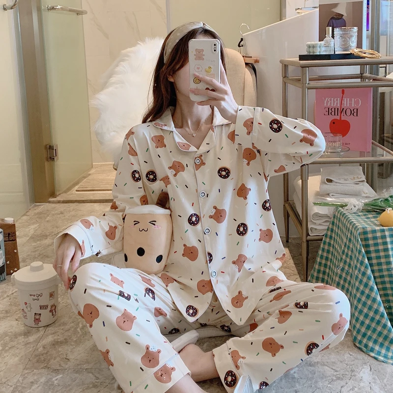

Cute Print Pyjamas Women Cotton Pajamas Set Long Sleeve Sleepwear Fashion Casual Outerwear Night Suit Soft Girl Homewear