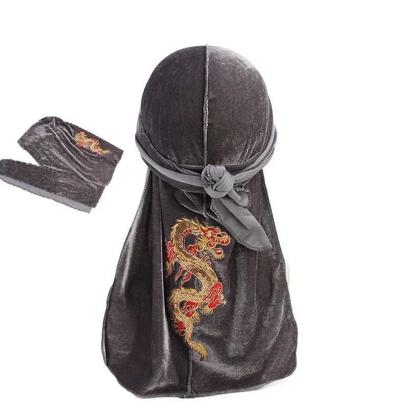 

Унисекс вельветовый длинный хвост Durag китайская мода с рисунком дракона Du rag хип-хоп тюрбан do doo du rag для мужчин и женщин длинный хвост повязка...