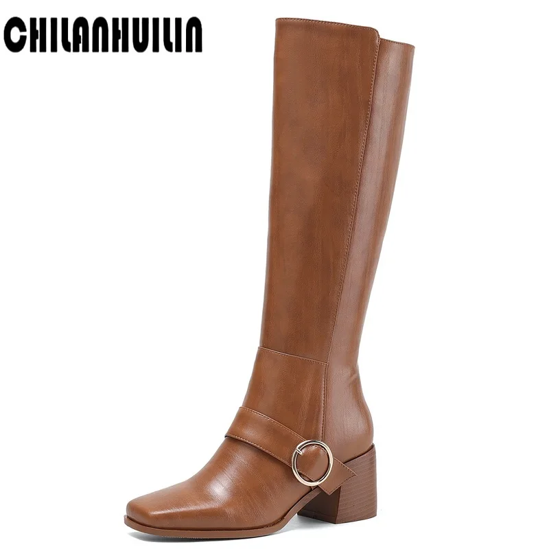 

plus size buckle autumn winter full cow leather knee high boots thick heel square toe women shoes warm short plush snow boots