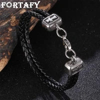 fortafy double layer black braided leather cross bracelet men stainless steel lobster clasp bracelet for women jewelry fr1090