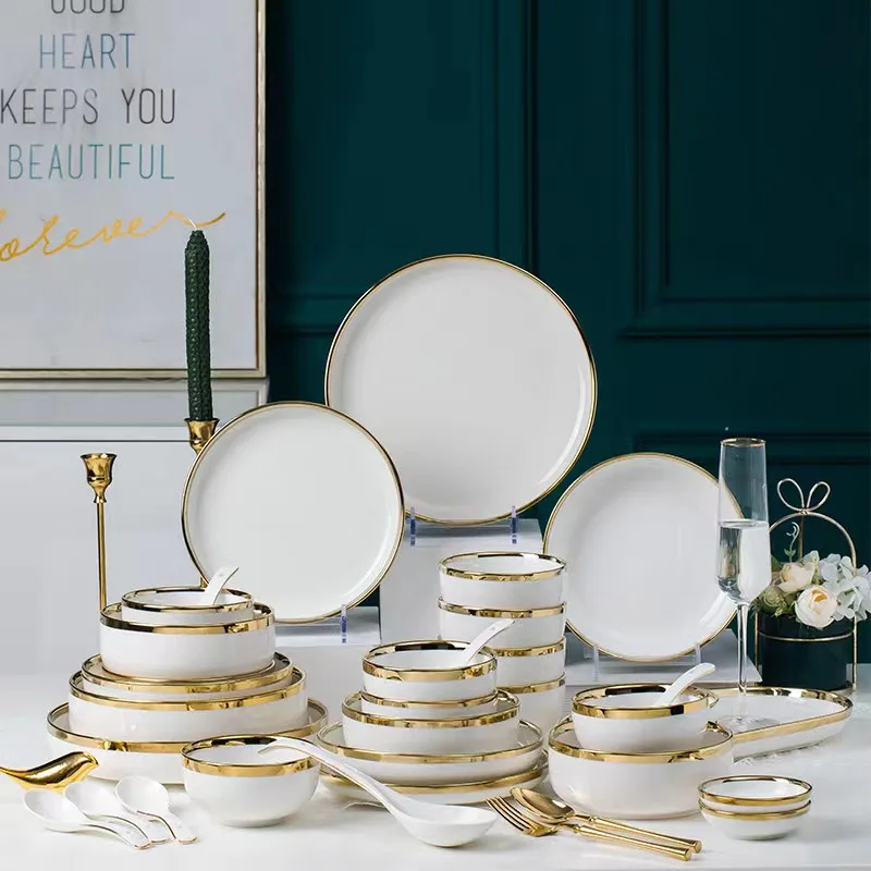 

Bright Gold Rim White Porcelain Kitchen Dinner Plate Ceramic Tableware Food Dishes Rice Salad Noodles Bowl 1pcs