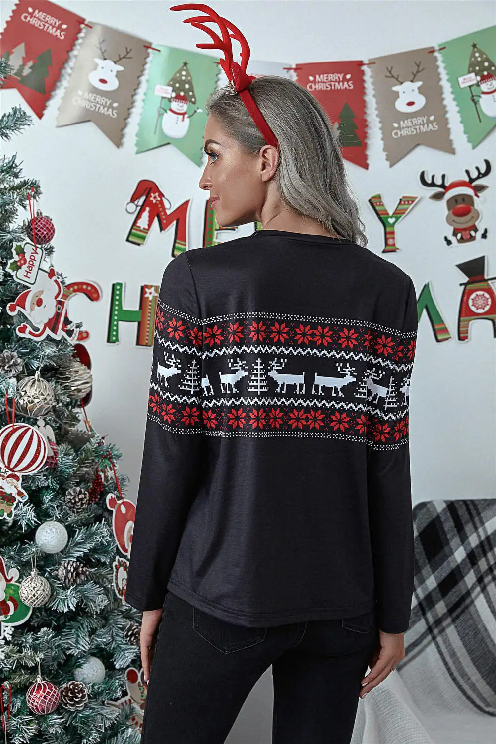 

Winter Christmas Women Elk Print T-Shirts O-Neck Long Slim Pullovers Black T-Shirts Snowflake Tops For Ladies Streetwear Tee