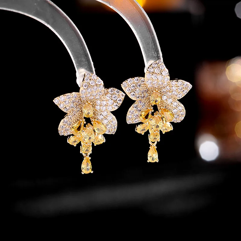 

Bilincolor Fashion Cubic Zirconia Yellow Flower Drop Earring for Women