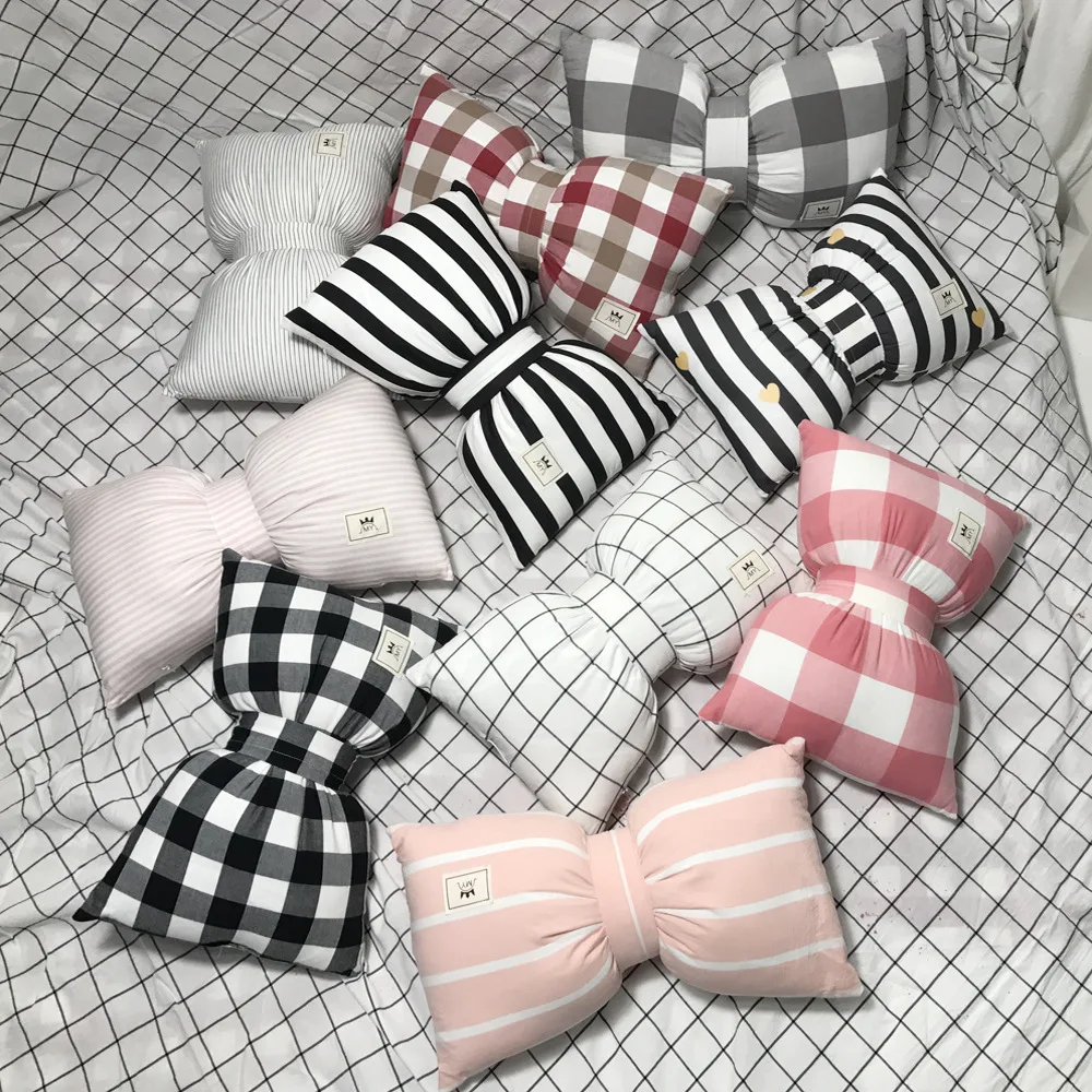Подушка Ins в клетку с бантом и лотосом для девочек милая хлопковая декоративная