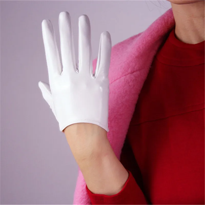 

16cm Patent Leather Short Gloves Bright White Black Red Emulation Leather Suede Mirror Bright Leather Women Gloves PU117