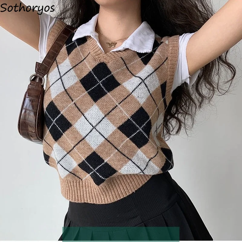 

Women Sweater Vests Argyle V-neck Slim Preppy Style College Stylish Jumpers Casual Teens Vintage All-match Ulzzang Daily Tender