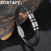 fortafy classic black leather bracelet men vintage jewelry hexagon magnetic buckle stainless steel hand bangles male gift fr1170