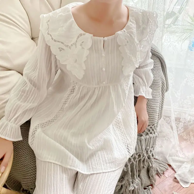 

2020 Autumn and Winter New Products Cotton Girl Palace Fairy Pajamas Set Lapel Loose Cotton Jacquard Homewear Pizama Damska