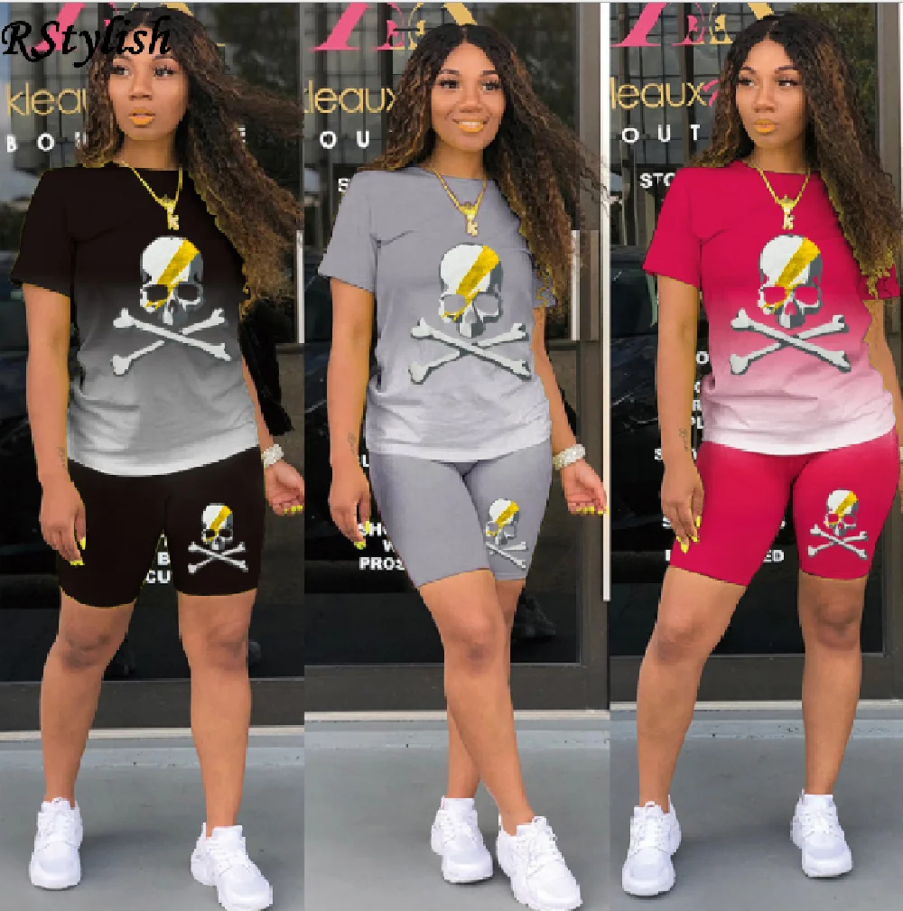 

RStylish 2021 New Casual Skull Print Sports Suit sSummer Fashion Loose O-Neck Short Sleeve T-Shirt Shorts Women's Two-Piece Set