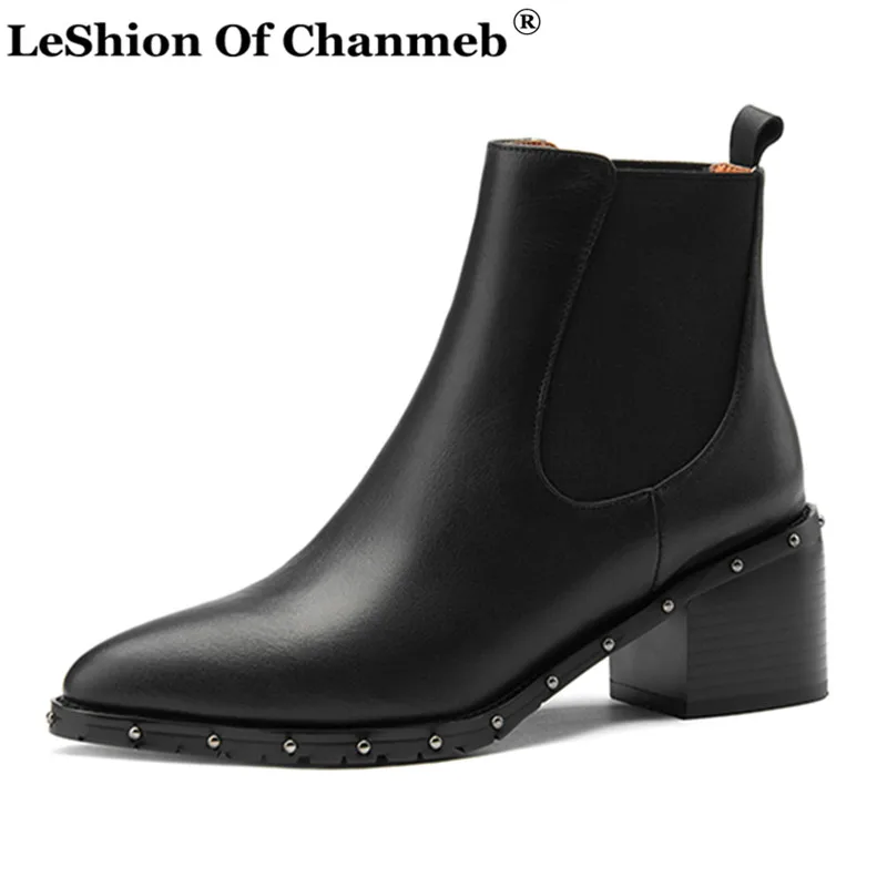 

Women's Natural Genuine Leather Boots Shoes Woman Retro Rivets Punk Chelsea Boots Ladies Autumn Winter Chunky Heel Booties 33-40