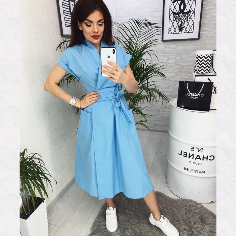 Платье миди женское ТРАПЕЦИЕВИДНОЕ с поясом V образным вырезом и коротким