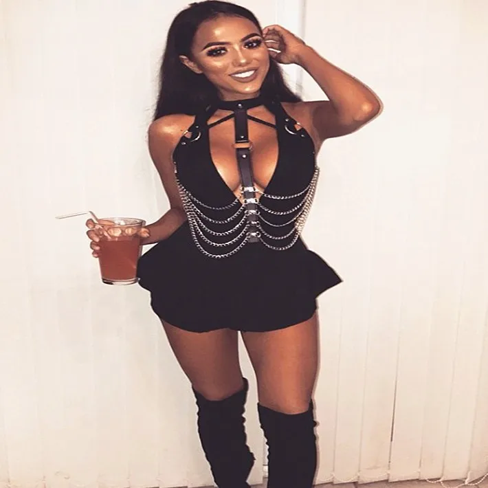 

Sexy Party Clubwear 2021 Goth Link Chain Hollow Out Crop Top Women Leather O Rings Tank Tops Rave Festival Top With Choker