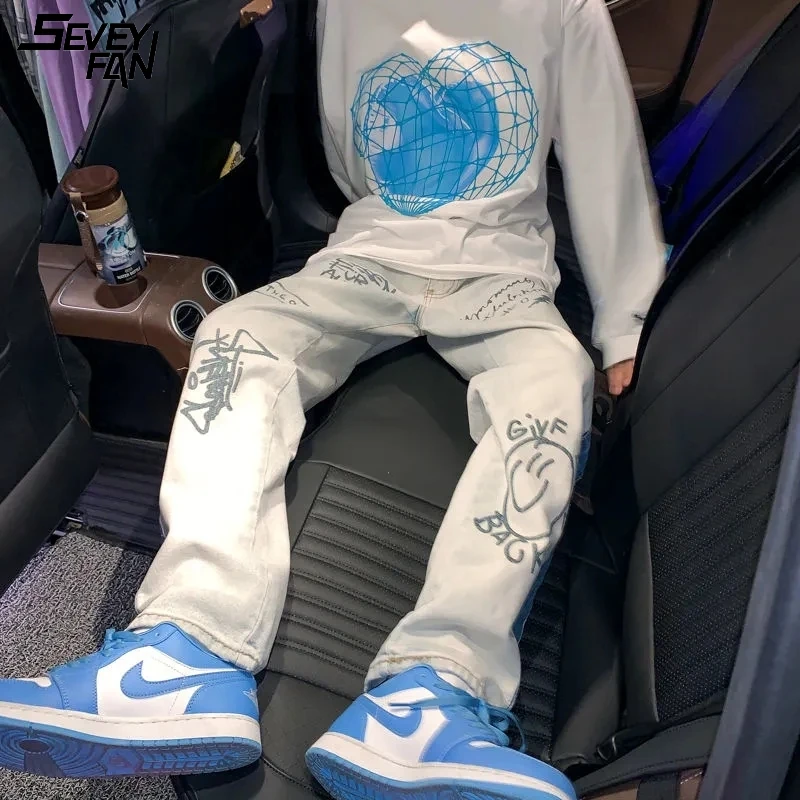 Джинсы мужские мешковатые в стиле хип-хоп модные штаны из денима Харадзюку с