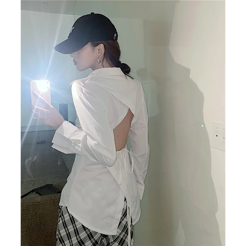 

y2k Chic Korean Hollow Open Back Shirt Women's Autumn Design Sense of Minority Shirt 2021 New Long Sleeve Top