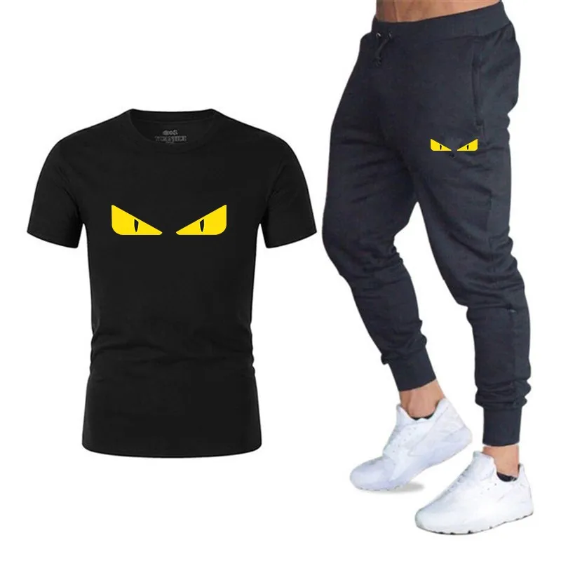 

Summer T-shirt Sports Casual Pants two-piece men's sweatshirt pure cotton t shirt for men black white Orange yellow green Blue