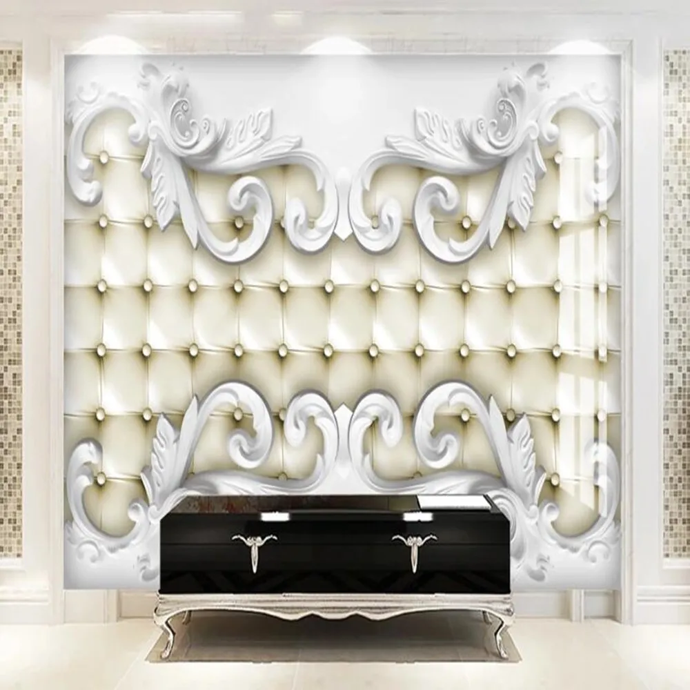 

milofi custom 3D high-grade white plaster pattern leather soft bag TV background wallpaper mural