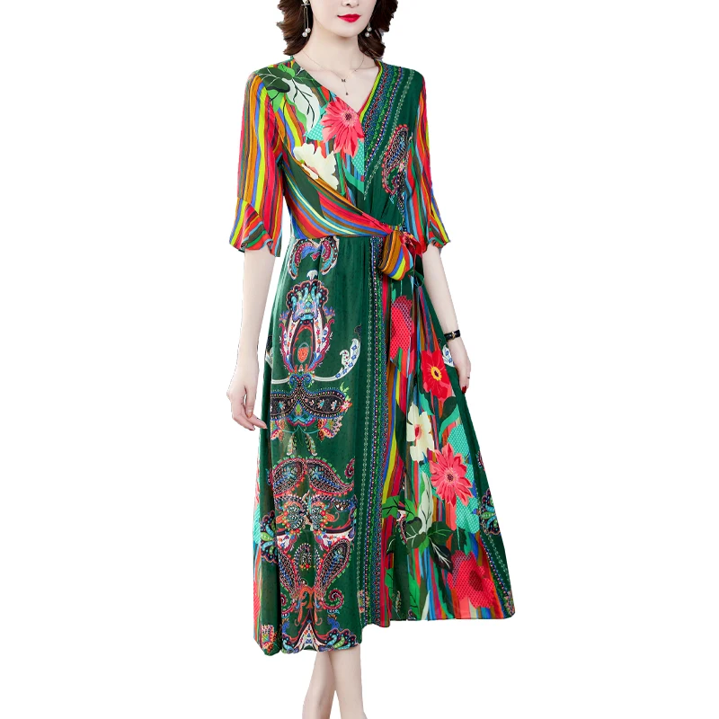 

2021 Summer Boho Print Mulberry Silk Beach Midi Dress Women Casual Vintage 4XL Plus Size Sundress Elegant Bodycon Party Vestidos