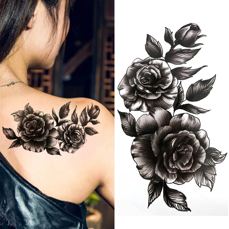 

Black big flower beautifulred rose flower Body Art Waterproof fake sexy For Woman Flash TemporaryTattoo Stickers 10*20CM