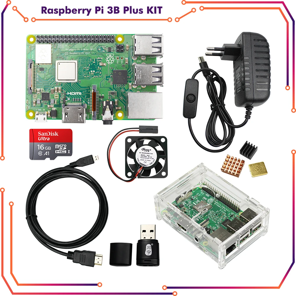 Raspberry Pi 3 Model B Plus Kit with WiFi&Bluetooth + 3A Power Adapter + Acrylic Case + Cooler + Cable for Raspberry Pi 3B+