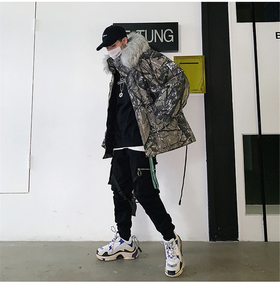 Winter Hip Hop Parkas Men Camouflage Jackets Fur Collar Hooded Thick Windbreaker Coats Outwear Streetwear Plus Size HZ158
