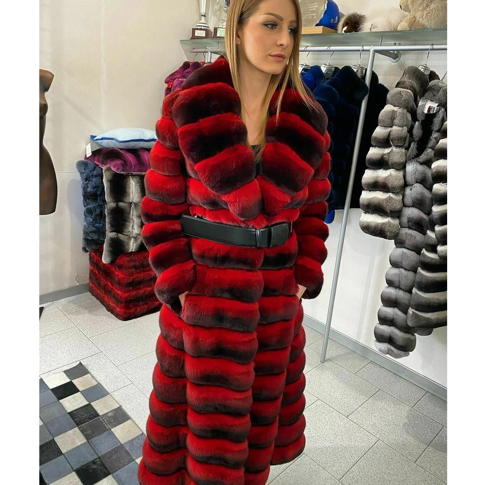 

Fashion Red Real Rex Rabbit Fur Coat with Turn-down Collar Winter Women Trendy Long Fur Overcoat Luxury Rex Rabbit Fur Coats