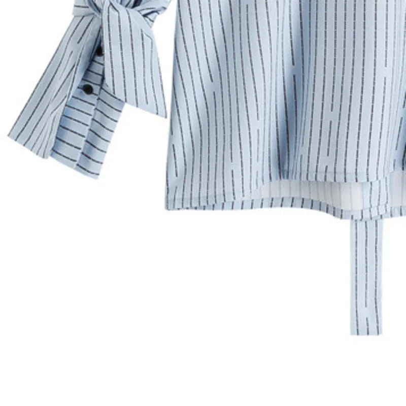 

SHENGPALAE Fashion Chic Blue Striped Blouse Women's Autumn 2021 New Stand Collar Loose Single Breasted Long Sleeve Ribbon Shirt