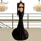 Арабский Вечерние Платья С одежда с длинным рукавом с высоким воротом, просвечивающее сексуальное платье-Русалка для выпускного черные платья знаменитостей 2021 Праздничное платье