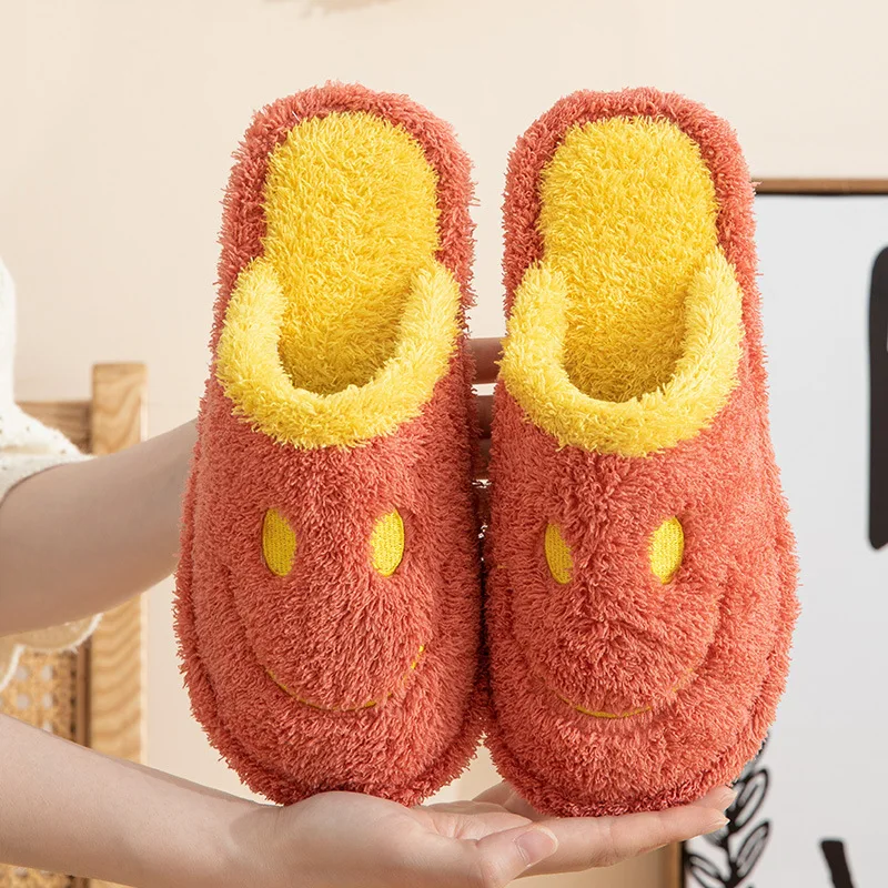 

Autumn Winter Warm Cute Smiling Cotton Fabric Wool Slippers Men Women Home Furnishing Lovers Hotel Indoor Short Plush Fur Shoes