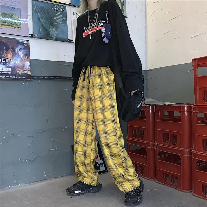 Yellow Винтажные платные лоскутные брюки Harajuku женские брюки эластичные брюки корейские повседневные Прямые Панталоны jogger уличная одежда - Цвет: Yellow