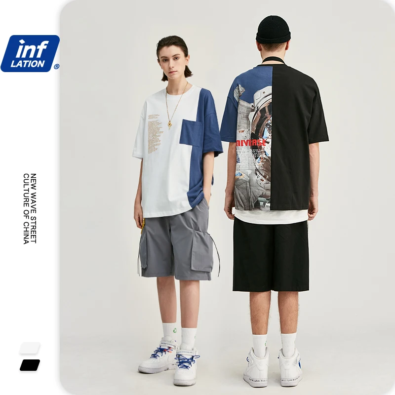 Инфляции мужская одежда футболка Цвет блок астронавт печати футболки с коротким