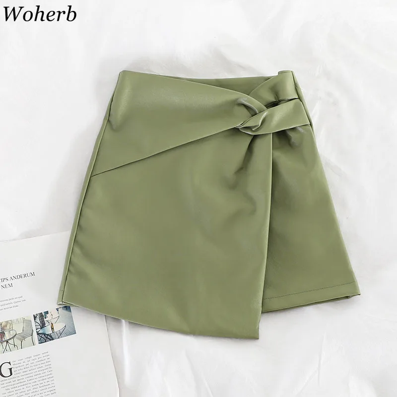 Woherb/элегантная мини-юбка для женщин с высокой талией, однотонные юбки из искусственной кожи в Корейском стиле, модная новинка, Faldas Mujer 90631