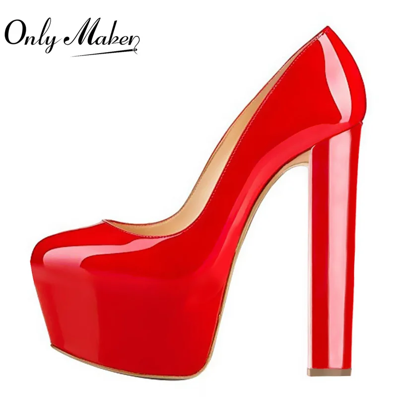 Женские туфли лодочки Onlymaker на платформе с круглым носком красные Квадратные