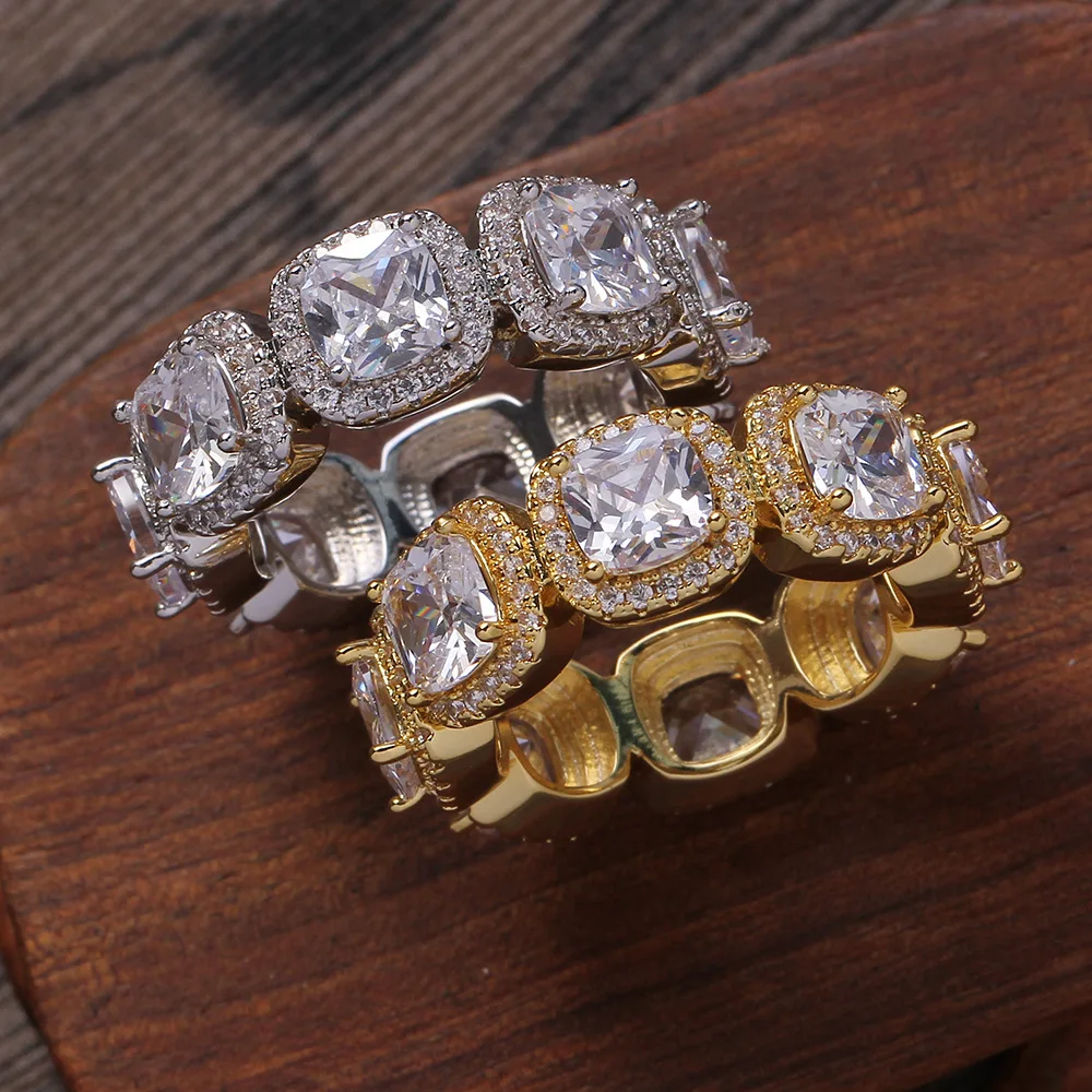 9mm Hip Hop Aaa Cubic Zircon Square Baguette Ring Micro Paved Bling Bling Brass Rings Gold Silver Color Iced Out Party Jewelry