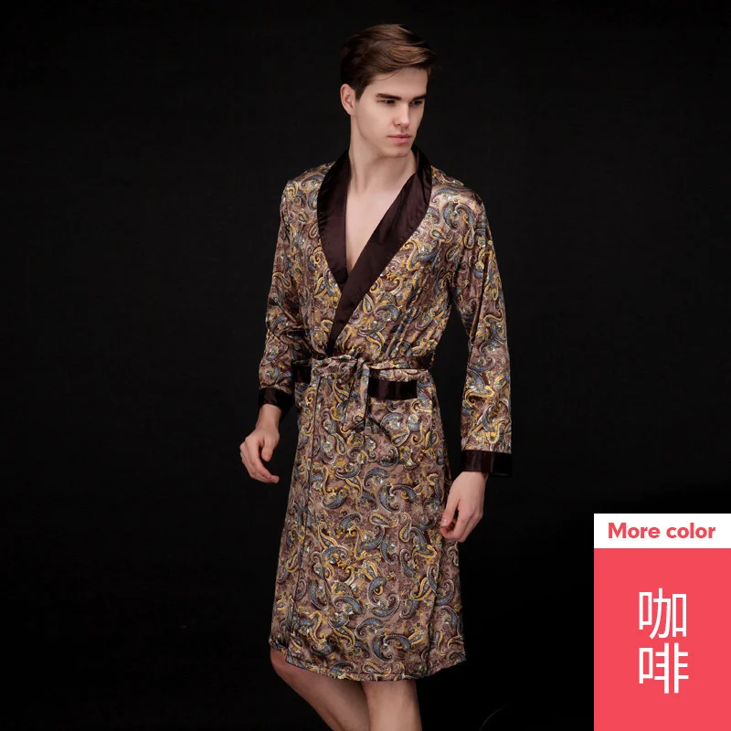

men's summer silk pajamas medium length home ice men's robe spring and autumn long sleeve home wear